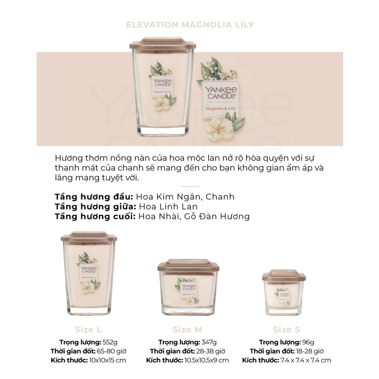 Nến ly vuông Elevation Yankee Candle size M - Magnolia Lily (347g)