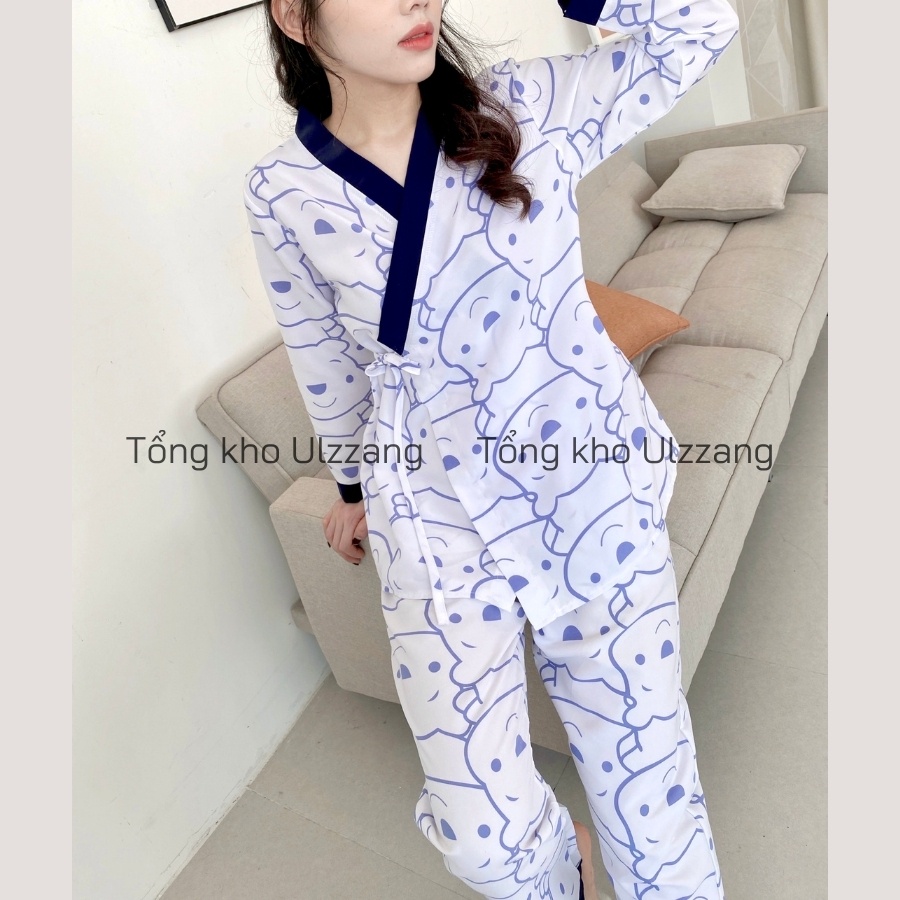 Bộ Ngủ Pijama Kimono Dài Tay Phối Viền Họa Tiết Dễ Thương | BigBuy360 - bigbuy360.vn