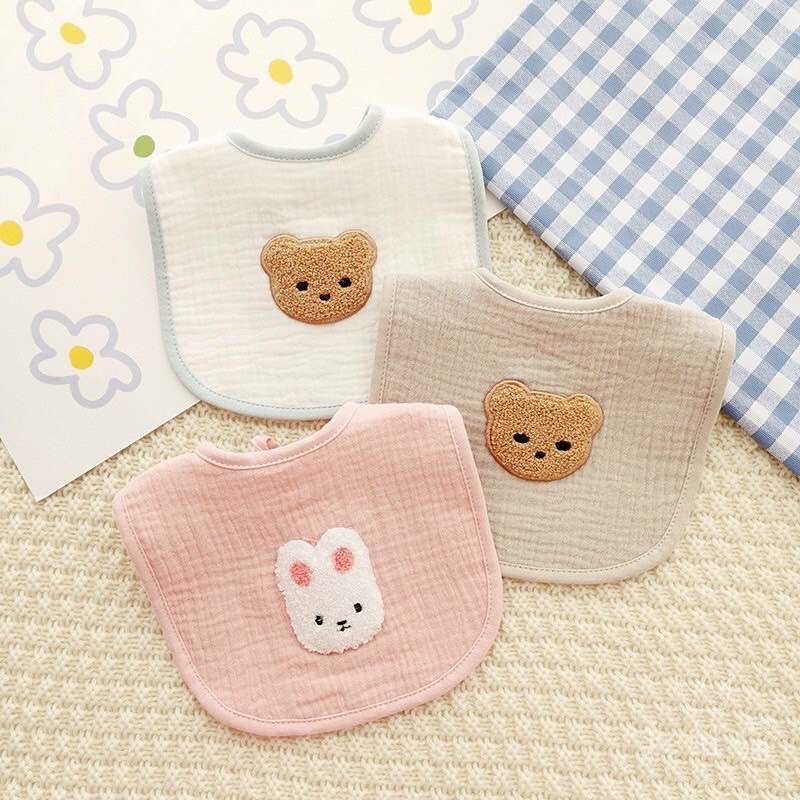 Yếm dãi xô Muslin họa tiết gấu thỏ phong cách hàn, yếm đeo cổ thời trang chất liệu hữu cơ cho bé quàng ấm cổ, bé ăn dặm