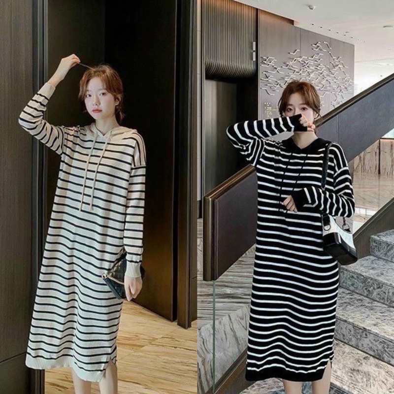 Đầm len kẻ suông có mũ