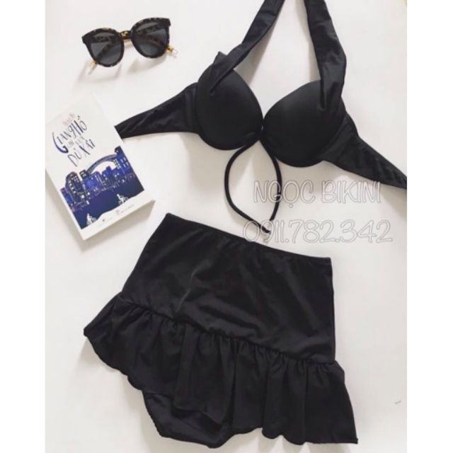 Set Bộ Đồ Quần Áo Tập Bơi Đi Tắm Biển Nữ Bikini áo ngực đen váy đuôi cá -LOVELY BIKINI