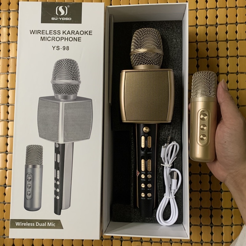 Micro Karaoke Bluetooth YS-98 Tích Hợp 2 Mic Cao Cấp Song Ca, Mic karaoke bluetooth, micro karaoke không dây YS 98 cao