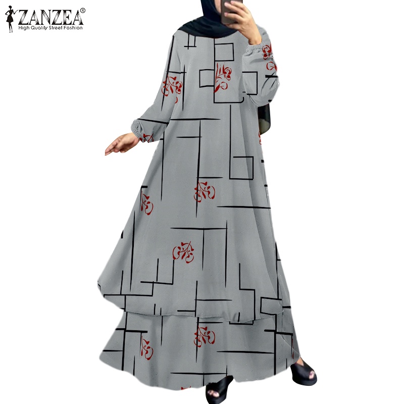 Zanzea Đầm Dài Hai Lớp Tay Phồng In Họa Tiết Thời Trang Cho Nữ