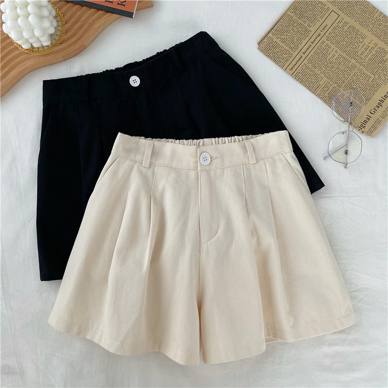 COZOK Quần Short Lưng Cao Ống Rộng Màu Sắc Trơn Phong Cách Hàn Quốc