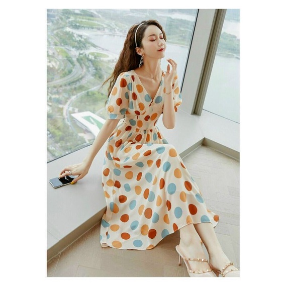 ĐẦM công sở dự tiệc XOÈ BI MÀU CỔ V TAY PHỒNG thời trang Hàn Quốc