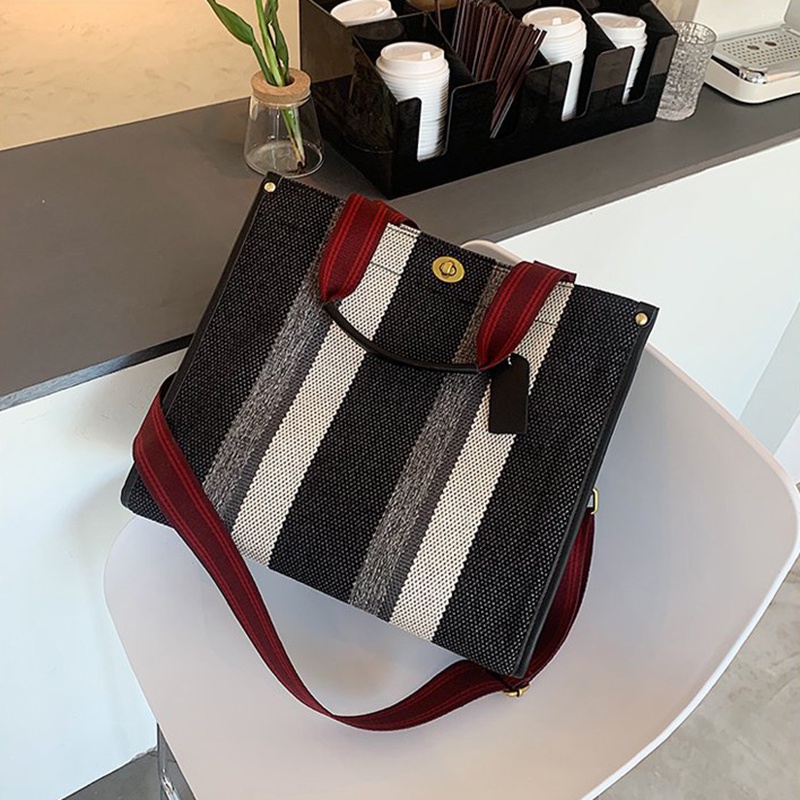 IELGY Túi Đeo Vai Vải Canvas Kẻ Sọc Thời Trang Cho Nữ