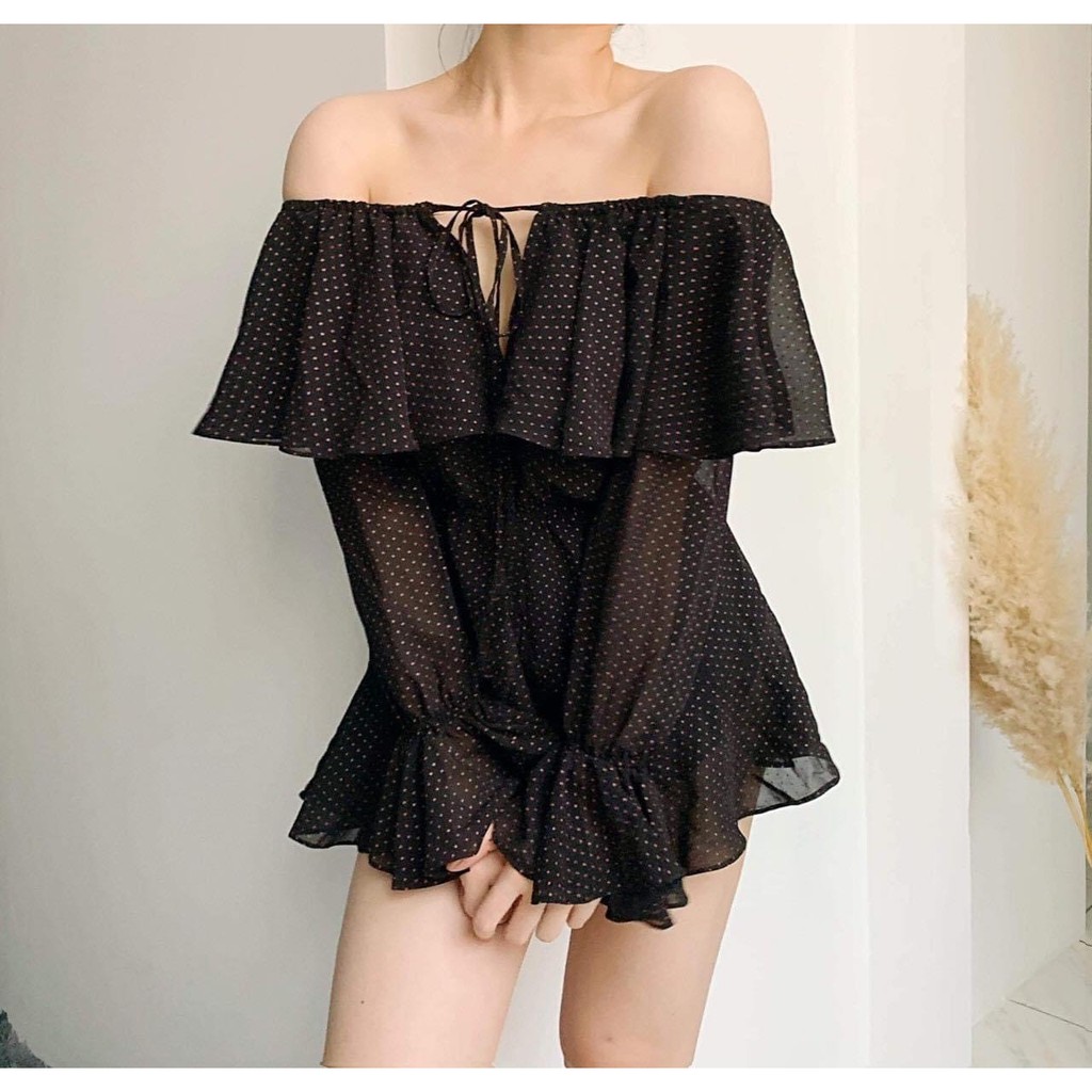Jumpsuit giả đầm dáng trễ vai hoạ tiết chấm bi
