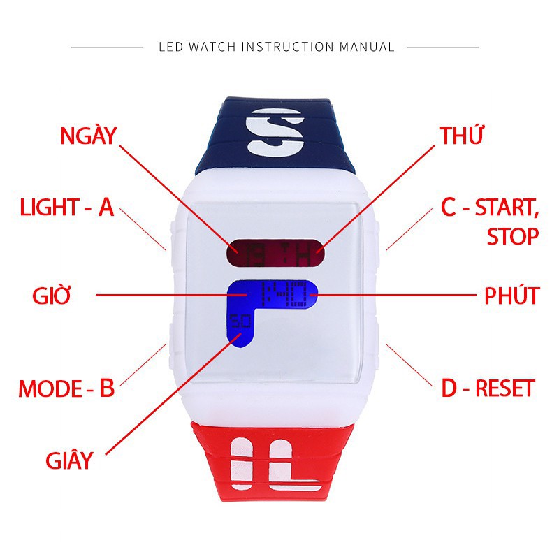 Đồng Hồ Điện Tử Nam Nữ- FILA Mặt Chữ Nhật Dây SILICON Bền Bỉ - Thời Trang
