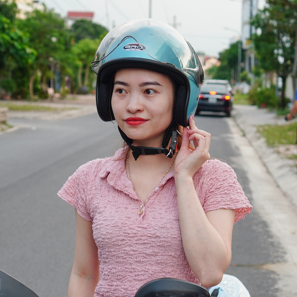 Mũ Bảo Hiểm 3/4 đầu GRO Helmet T818 có kính ngắn che nửa mặt, kiểu dáng thời trang cho nữ, khóa kim loại - Xanh Vespa