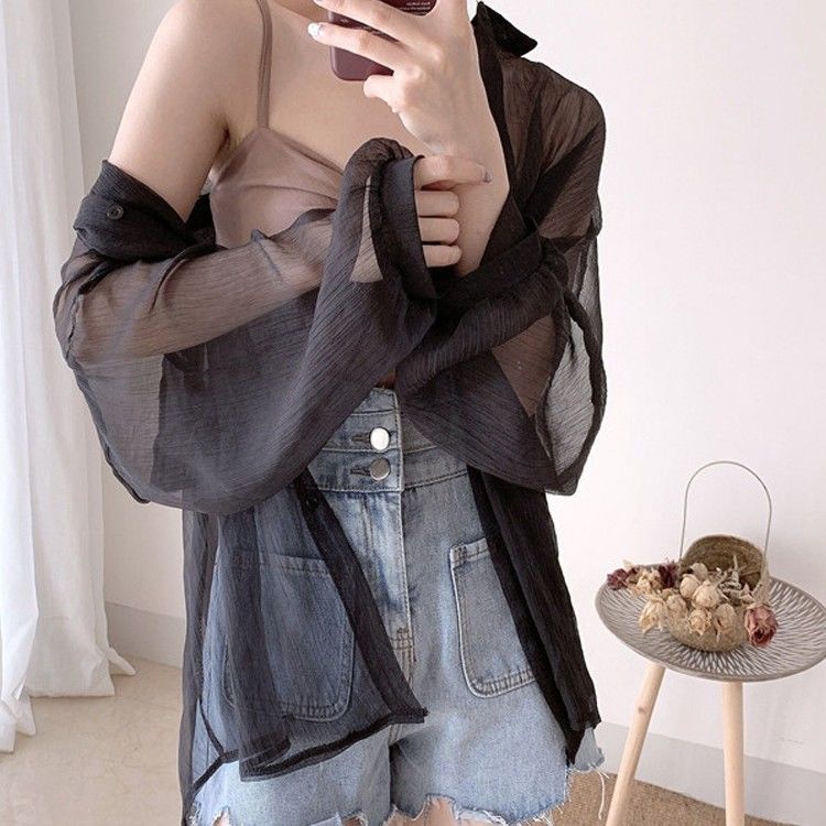 Áo Sơ Mi Voan Mỏng Xuyên Thấu Tay Dài Chống Nắng Phong Cách Mùa Hè Mới Cho Nữ