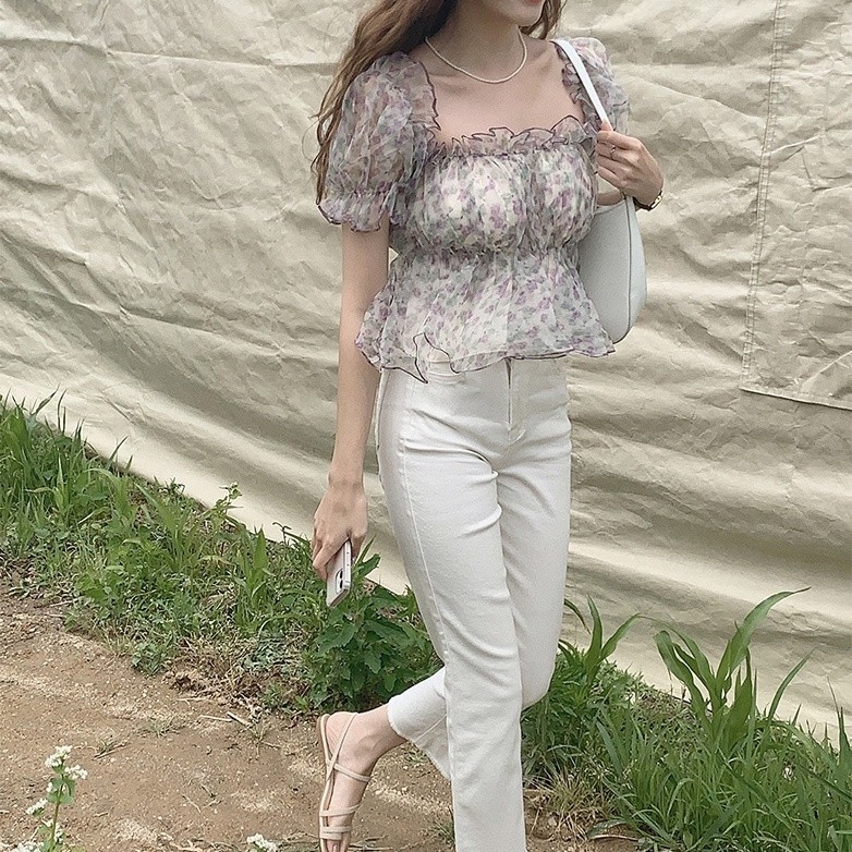 SUXI Áo Sơ Mi Tay Ngắn Cổ Vuông Dáng Ôm In Họa Tiết Đơn Giản Kiểu Hàn Quốc Thời Trang Mùa Hè Cho Nữ