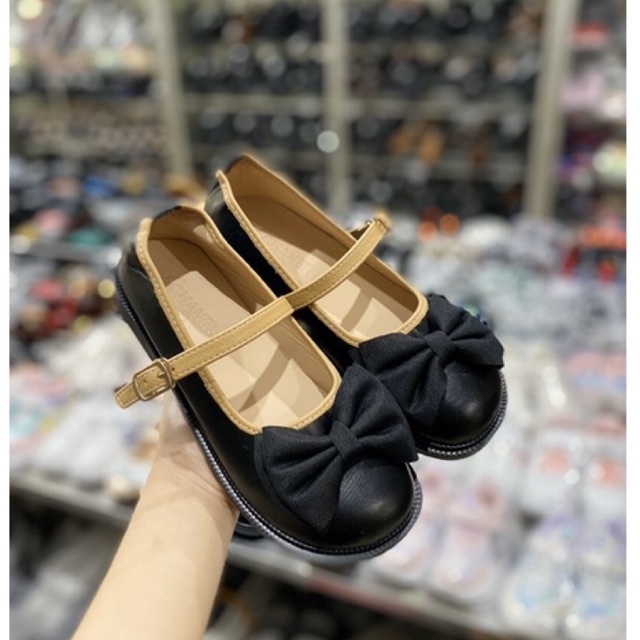 Giày búp bê nữ quai vắt da nơ đen