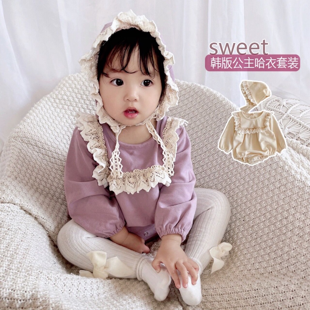 Bộ áo liền quần tay dài chất liệu cotton phối ren kèm mũ dành cho bé gái 0-2 tuổi