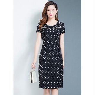 Đầm ôm công sở kiểu đầm chấm bi đính nơ eo phối ruy băng