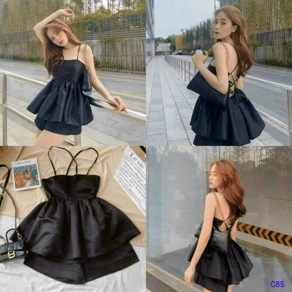 (Free Ship) SÉT LỤA SATIN HAI DÂY HỞ LƯNG ĐEN THAN MẶC ĐI CHƠI CỰC SÀNH ĐIỆU UP Shop VLTN