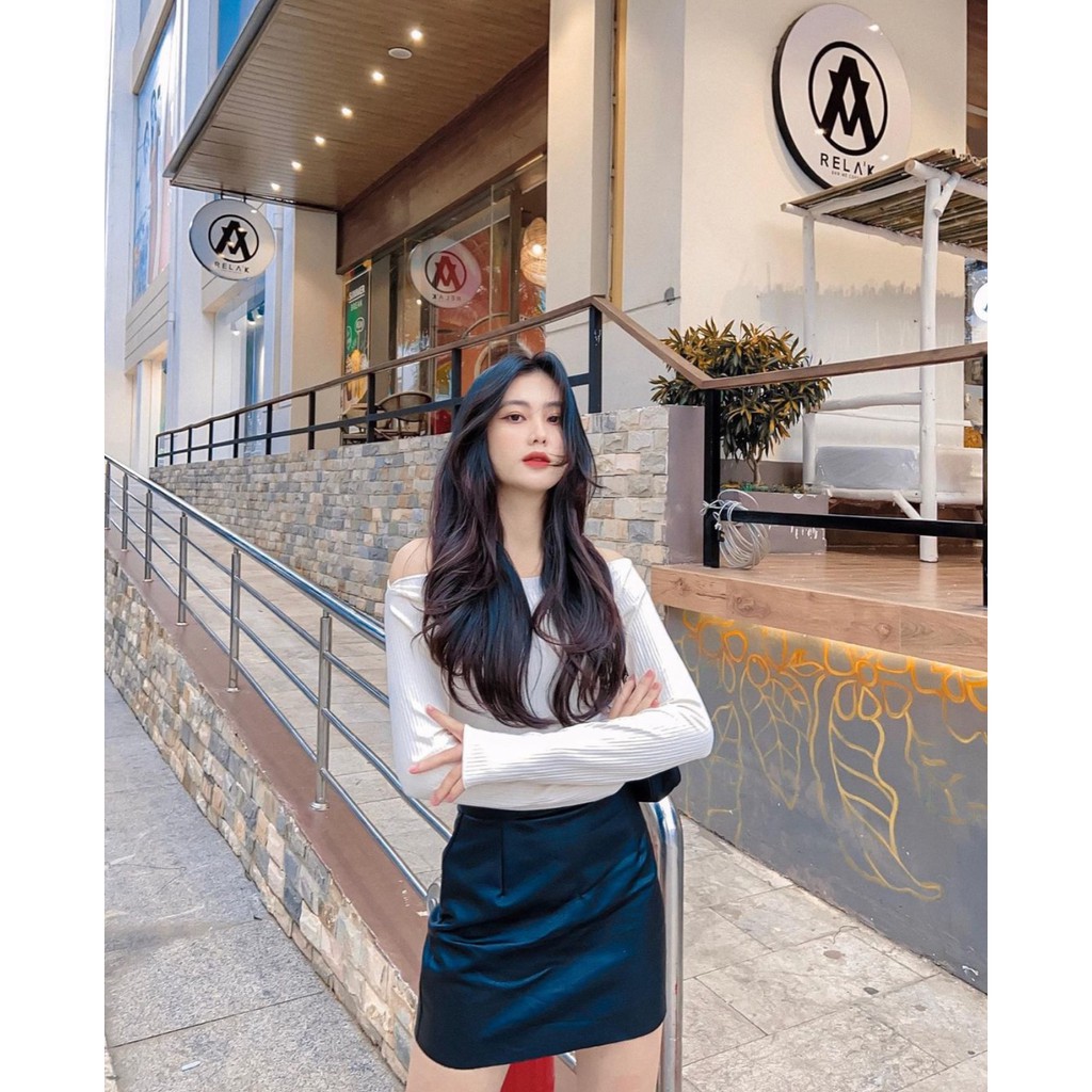 Áo croptop bẹt vai cổ thuyền chất liệu thun gân co giãn I HHVINTAGE