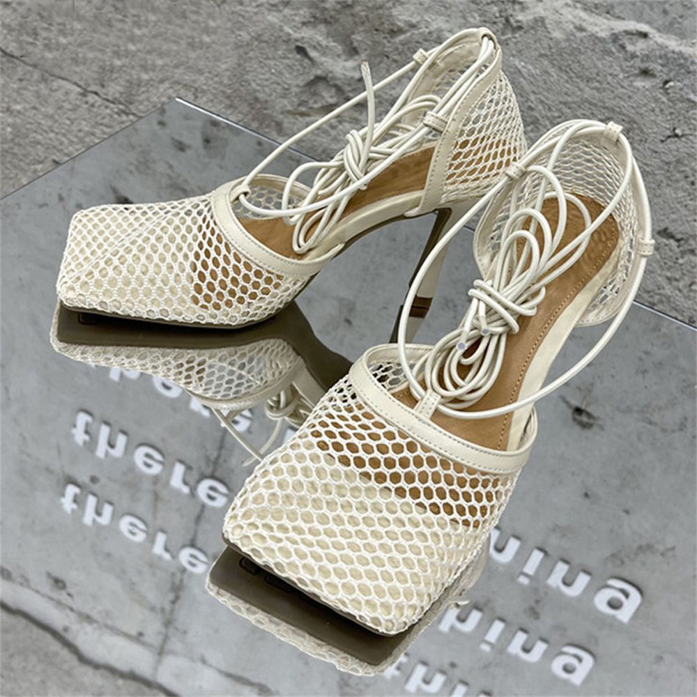 Giày cao gót mũi vuông thiết kế dây đan chéo phối lưới thời trang cho nữ