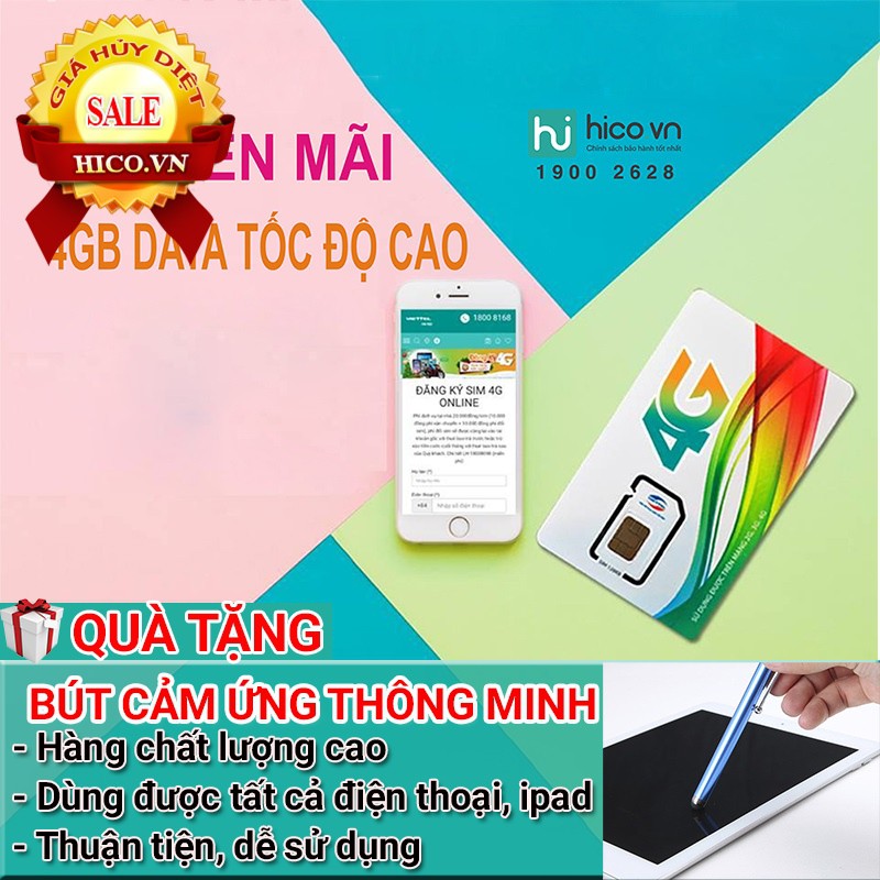 SIM 4G VIETTEL D500 4GB/THÁNG - KHÔNG CẦN NẠP TIỀN - SỬ DỤNG TRỌN GÓI 12 tháng - KM BÚT CẢM ỨNG