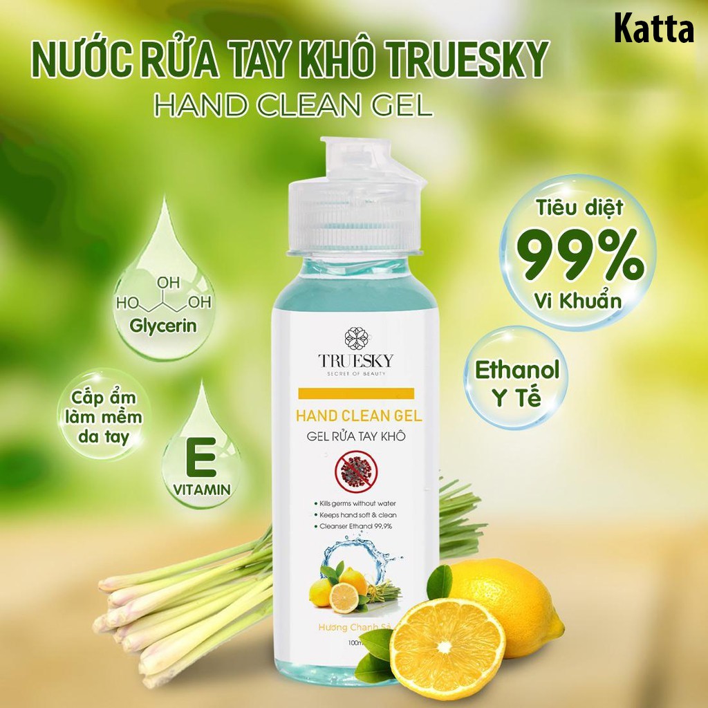 Nước rửa tay khô sát khuẩn Truesky 100ml gồm 3 hương (hương chanh sả & hương bạc hà & hương trà xanh) - Katta