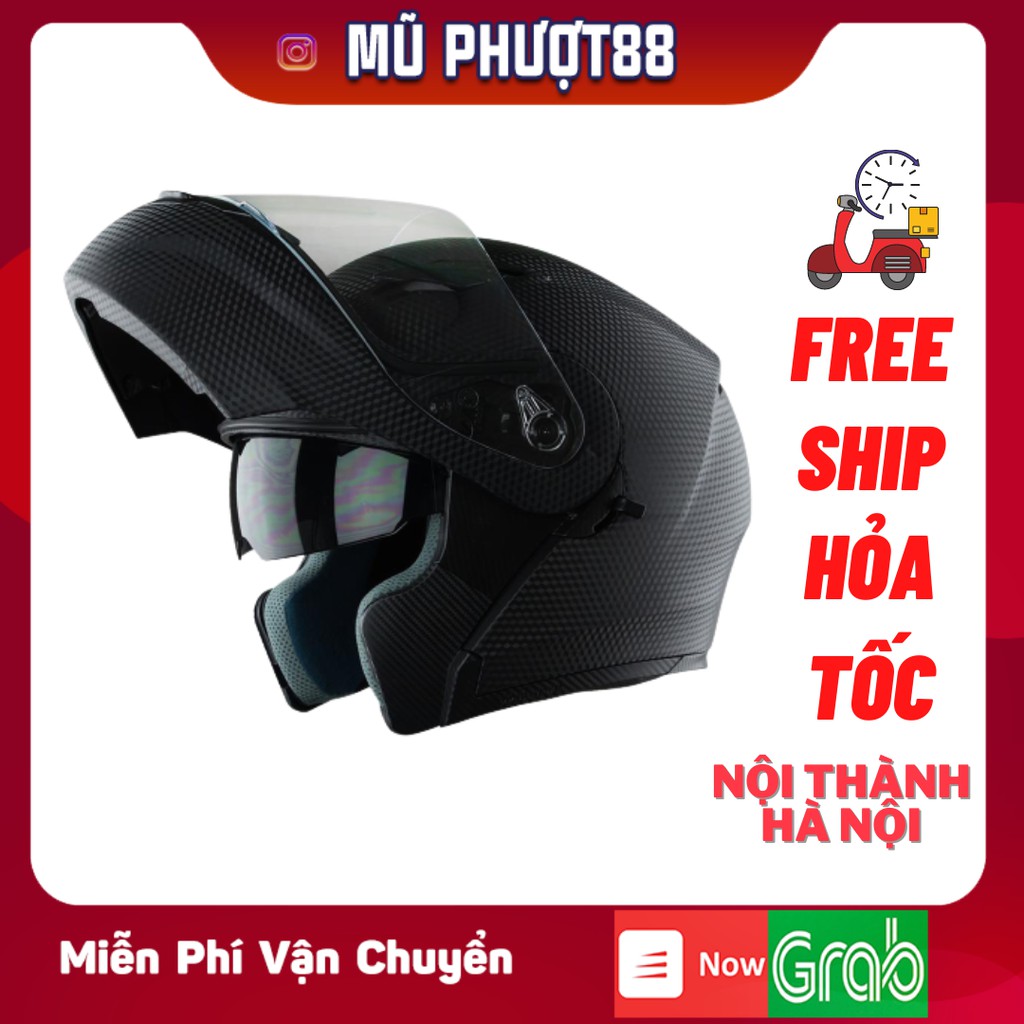 Mũ Bảo Hiểm Fullface Royal M179 Vân Carbon - Mũ Lật Cằm 2 Kính