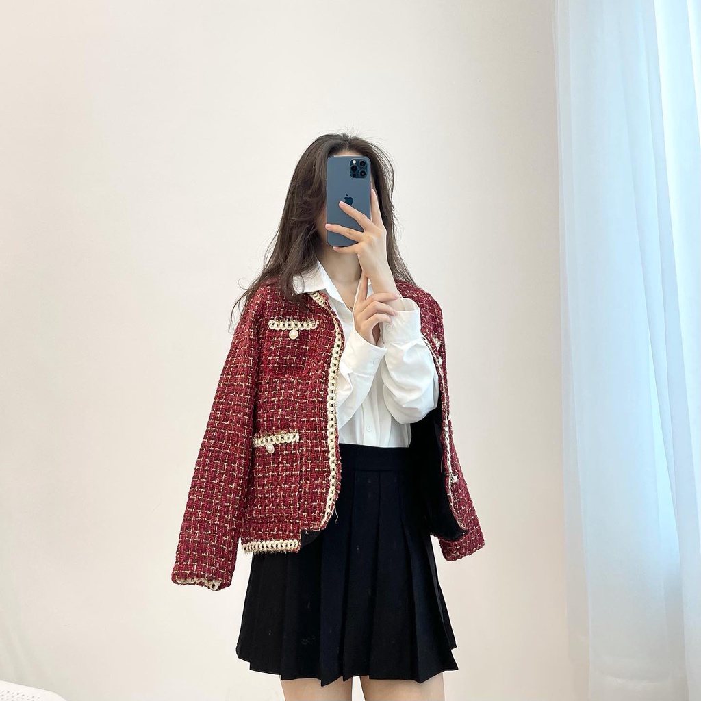 (FREESHIP) Áo khoác dạ viền kim tuyến trắng hàng Quảng châu Miho.house