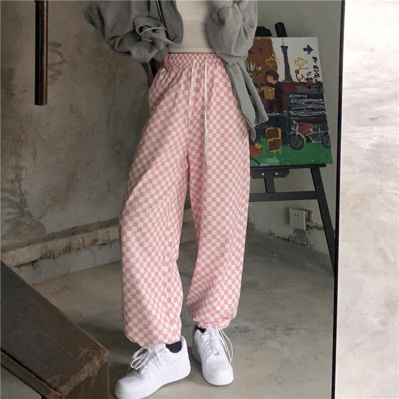 Quần thun ống rộng hoạ tiết kẻ ô sọc caro có dây rút ống suông unisex SIB063