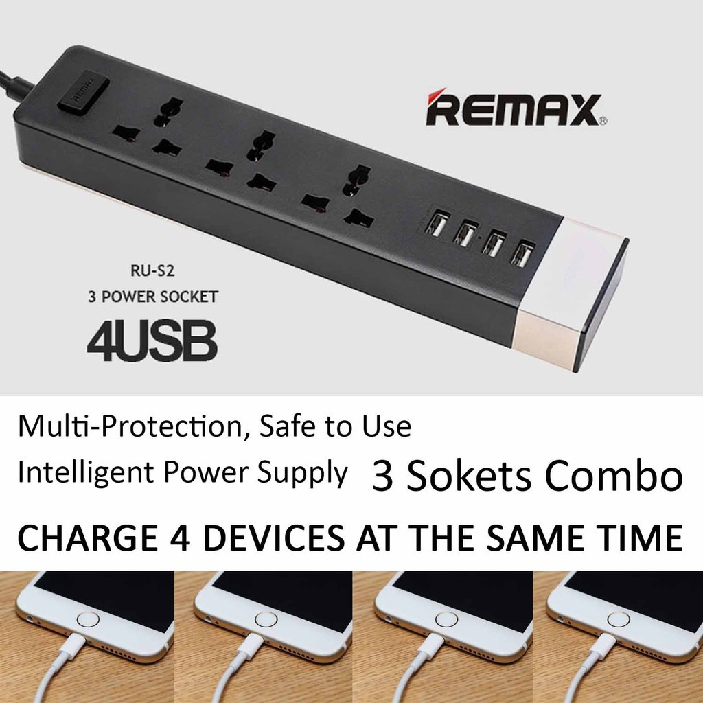 🌟🌟Ổ cắm điện Đa Năng Remax Ru-S2 RU S2 TÍCH HỢP 3 CHÂN CẮM ĐIỆN VÀ 4 CỔNG USB TIỆN LỢI AN TOÀN CHỐNG CHÁY NỔ BH 6 THÁNG