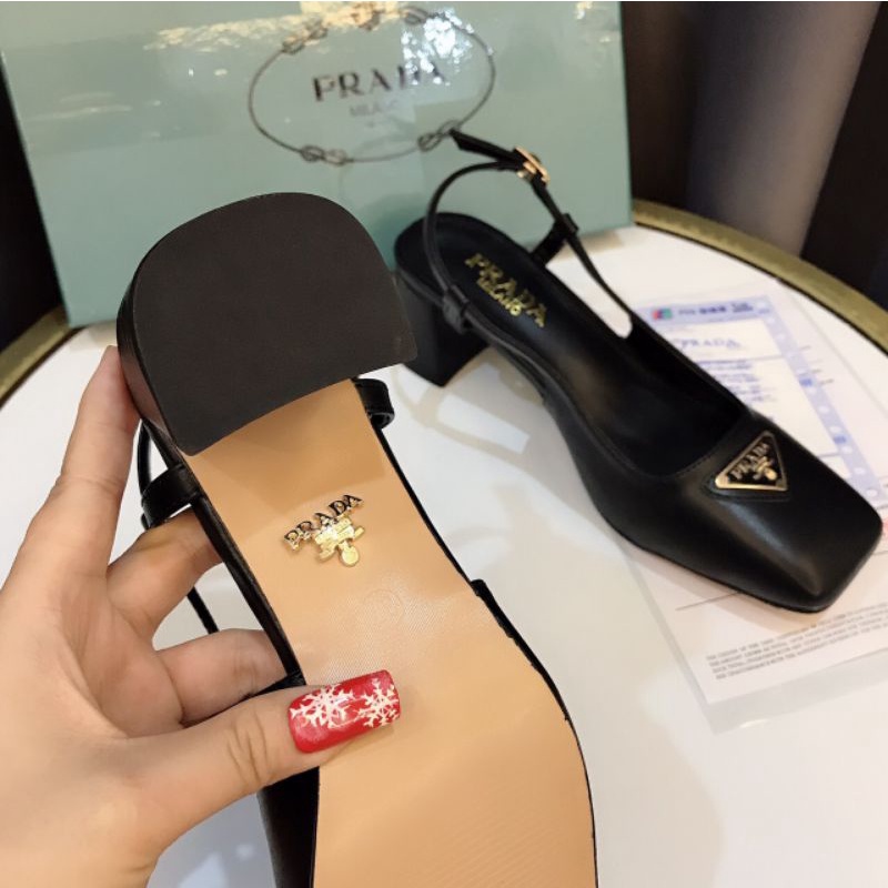 Tv(ẢNH THẬT) Sandal 5p Gót Vuông Prada Da Lì Mềm Êm Fullbox Giấy Túi