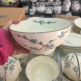Tô canh men kem vẽ hoa đào xanh - Bộ đồ ăn cao cấp Bát Tràng
