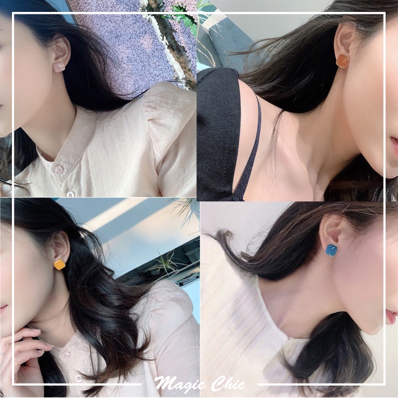 Bông tai bạc 925 hình vuông đơn giản phong cách retro