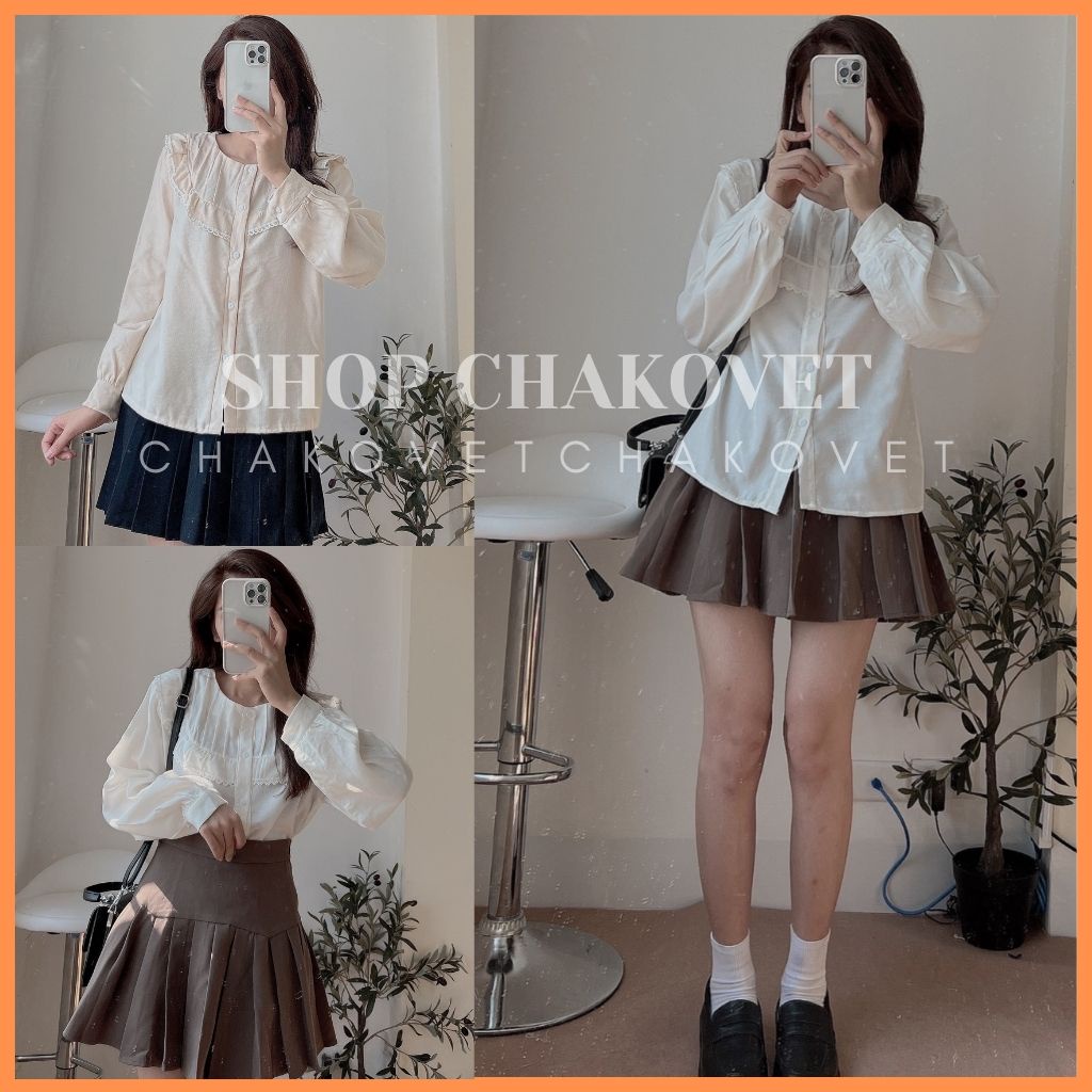 Áo sơ mi nữ dài tay màu trắng be nâu CKA899 kiểu áo thiết thế cổ tròn ren ngực dễ Mix với nhiều trang phục mặc đẹp