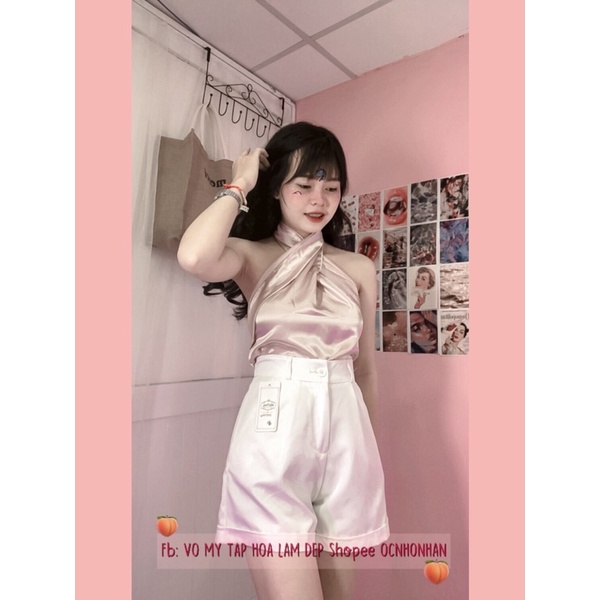 Set áo xoắn cổ phối quần short lên lai turtleneck with 1-button shorts