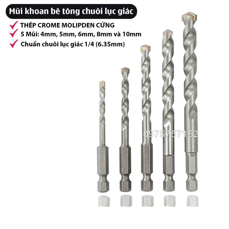 Bộ 5 mũi khoan bê tông chân lục giác, khoan gạch, mũi khoan tường chuôi lục giác 6.35mm, thép Crom Molipden siêu cứng