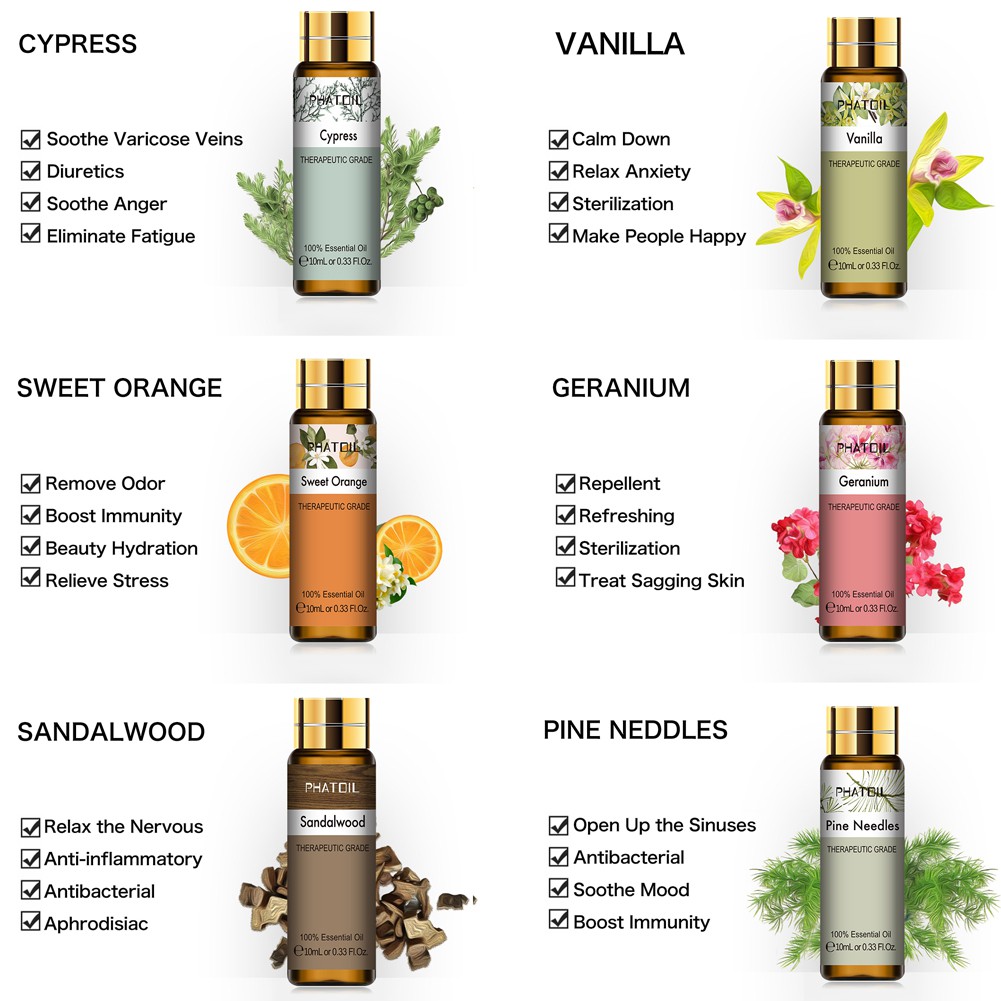 Tinh dầu PHATOIL hương hoa hồng/ vani/ gỗ đàn hương làm mát không khí với đầu nhỏ giọt 10ml