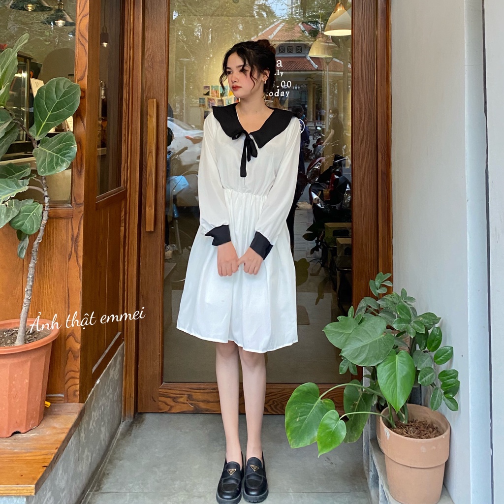Váy babydoll nơ cổ dài tay trắng đen, đầm tiểu thư emmei v114