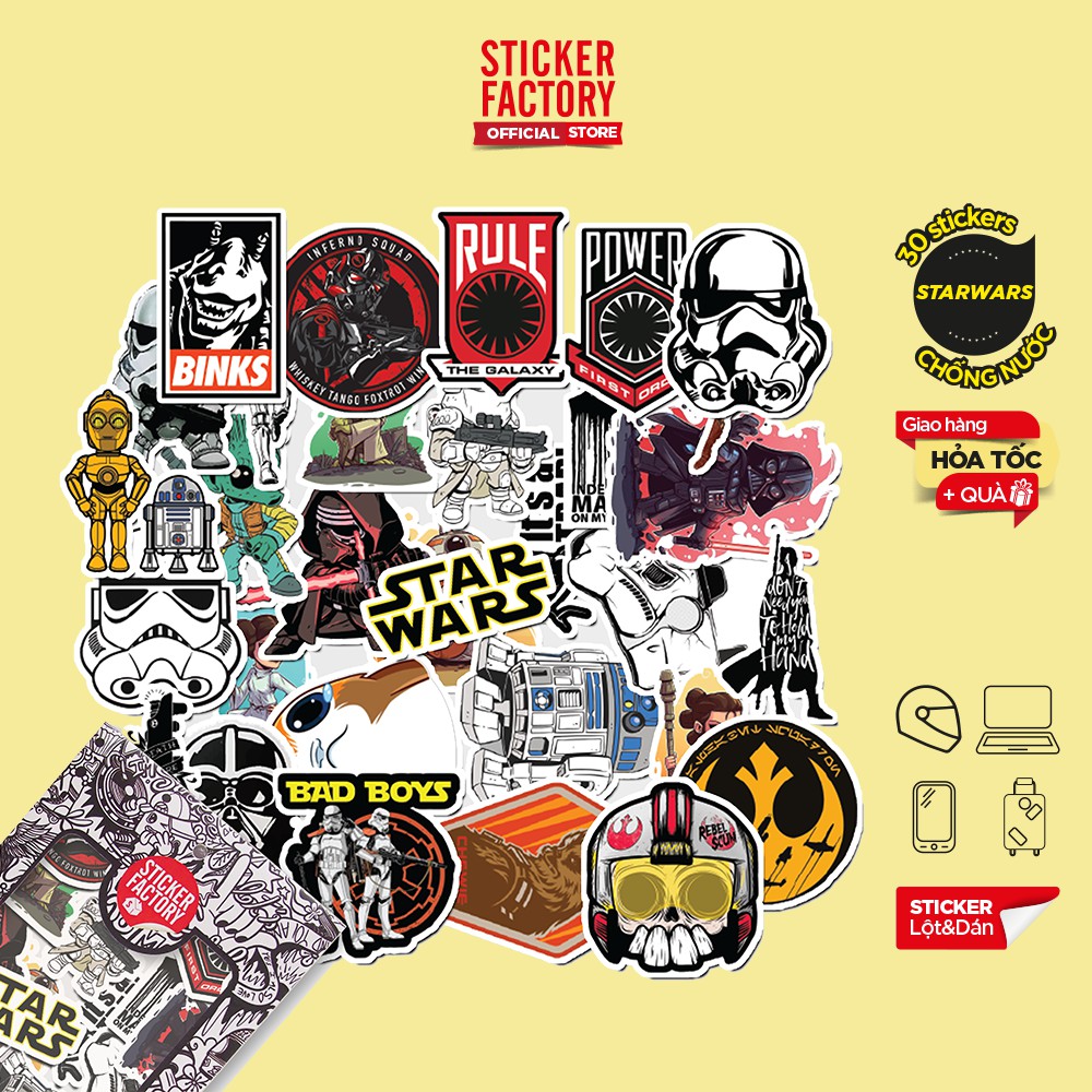 Hộp set 30 sticker decal hình dán nón bảo hiểm , laptop, xe máy, ô tô STICKER FACTORY - Star War