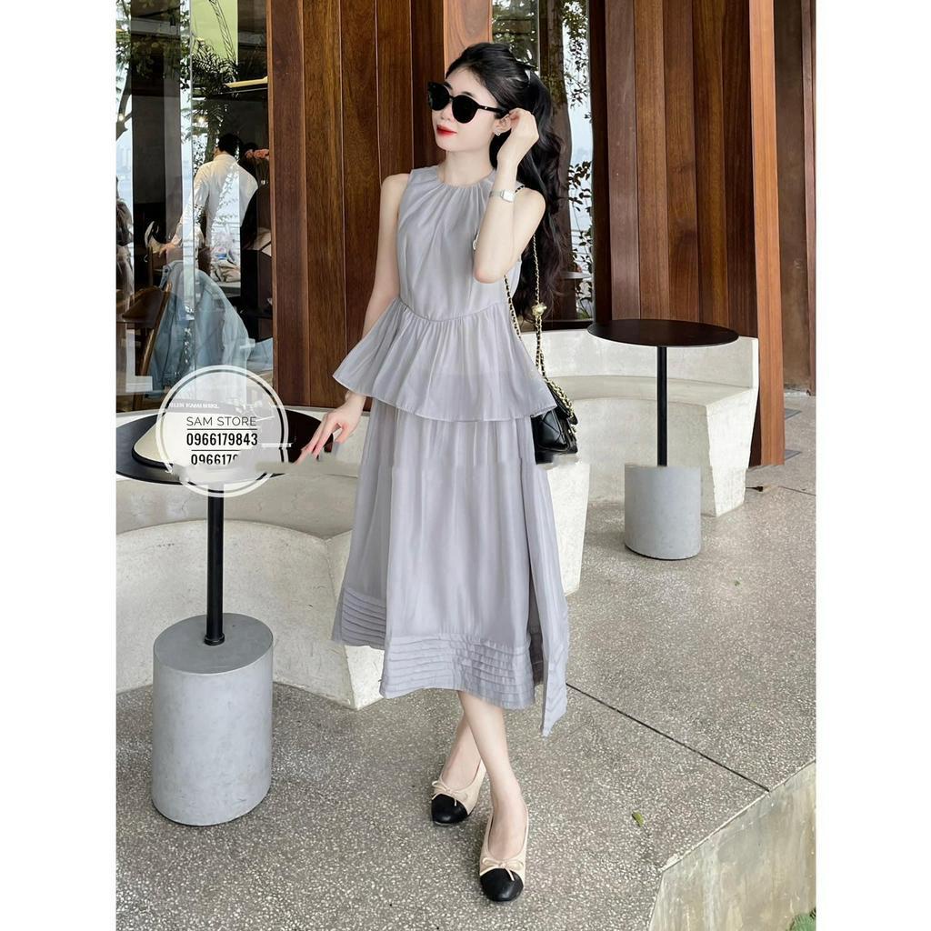 Đầm maxi tơ dáng xòe dài Quảng Châu thiết kế peplum cổ tròn tiểu thư rẻ đẹp, Váy xòe nữ đi biển vintage trẻ trung