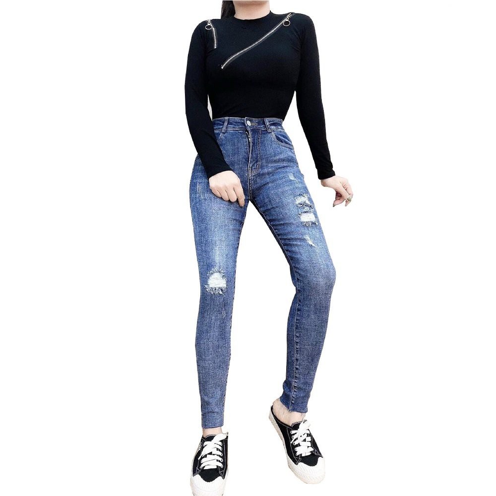Quần jean nữ MURADFASHION JN, quần bò nữ xanh bó chân rách gối phong cách thời trang nữ đẹp cao cấp