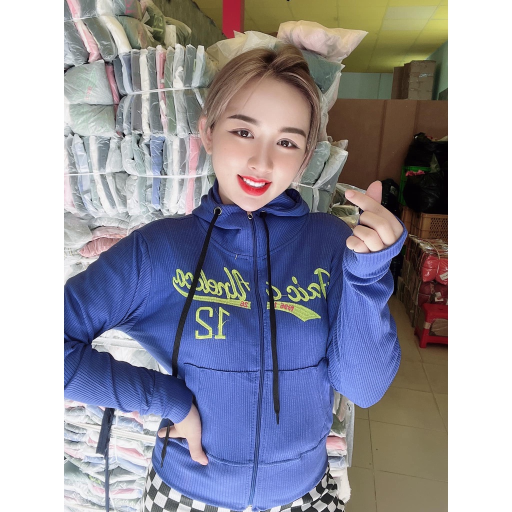 Áo khoác nữ có nón chất thun gân tăm mềm mát co giãn lên phom siêu ôm dáng phối sọc dễ thương