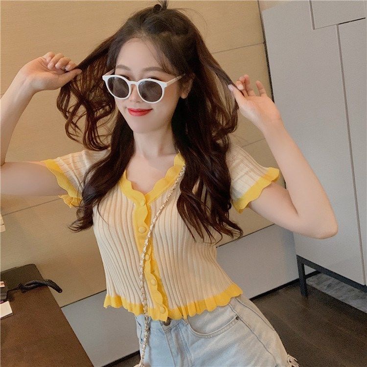 Áo Thun Dệt Kim Tay Ngắn Cổ Chữ v Dễ Phối Đồ Thời Trang Cho Nữ  tao bao