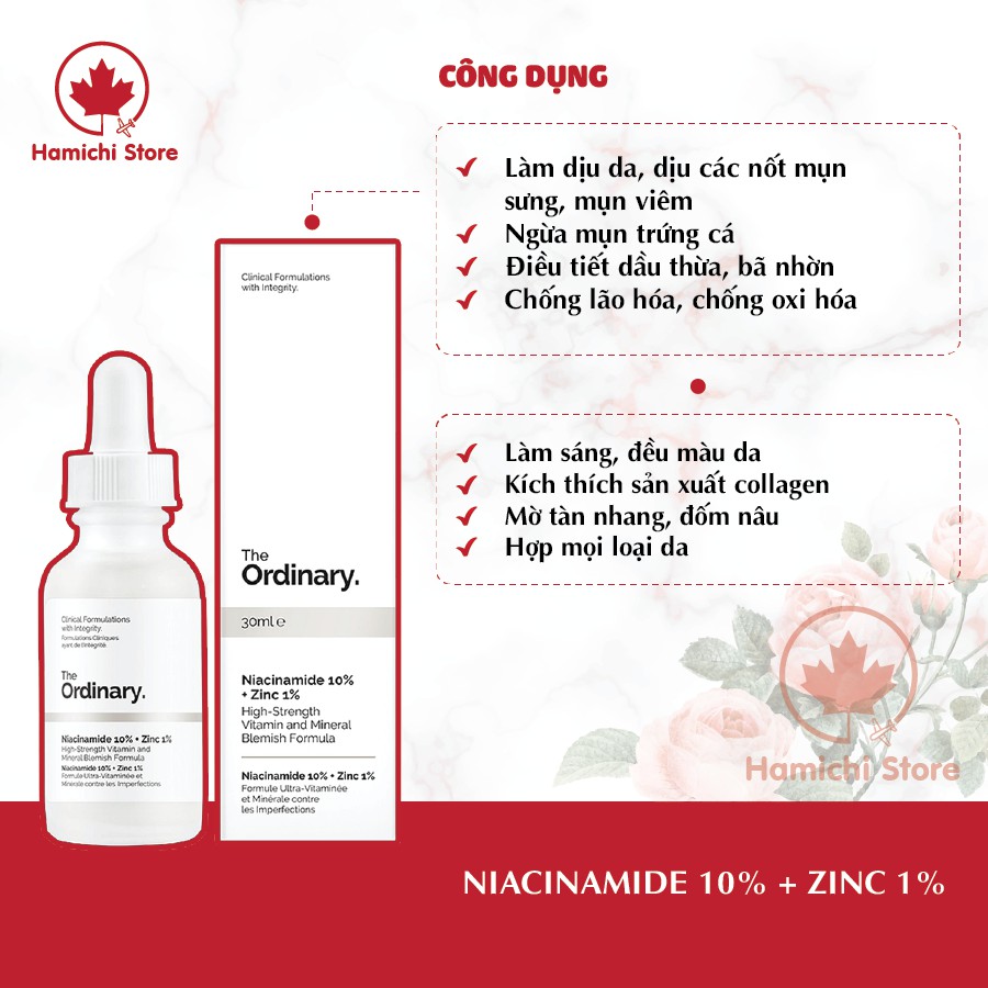 (Bill CANADA) Tinh chất kiềm dầu, se lỗ chân lông Niacinamide 10% + Zinc 1% The Ordinary