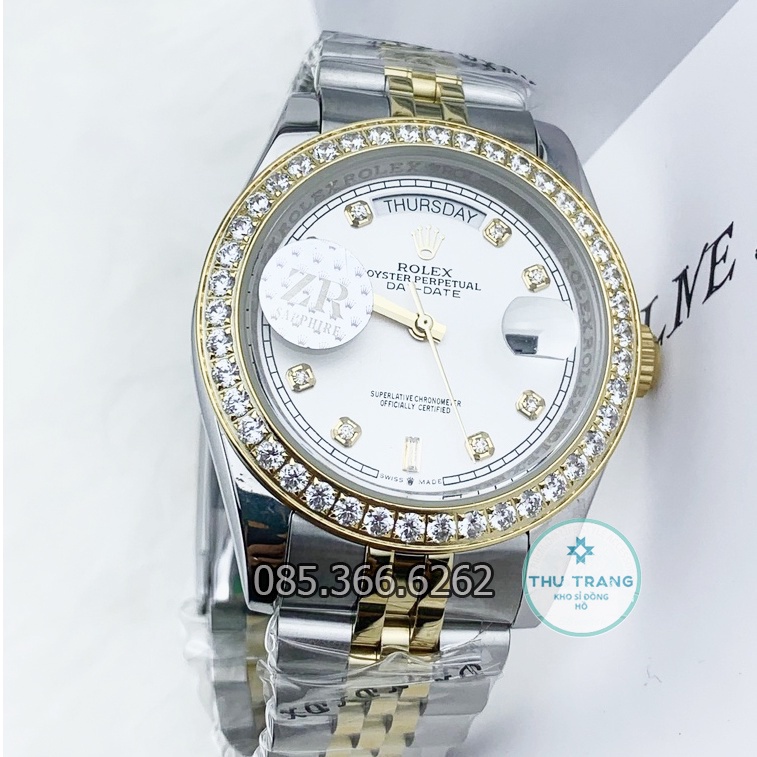 Đồng hồ nam Rolex cơ Automatic máy Nhật mẫu 2 lịch mặt trắng viền đá dây demi size 40-41mm