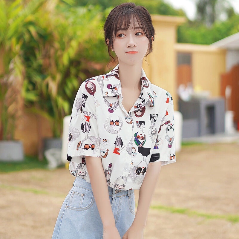 Áo sơ mi nữ unisex in họa tiết hoạt hình trẻ trung năng động phong cách hong kong