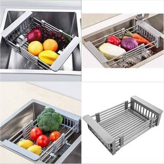Rổ inox rút gọn đa năng kê bồn rửa chén bát tiện lợi