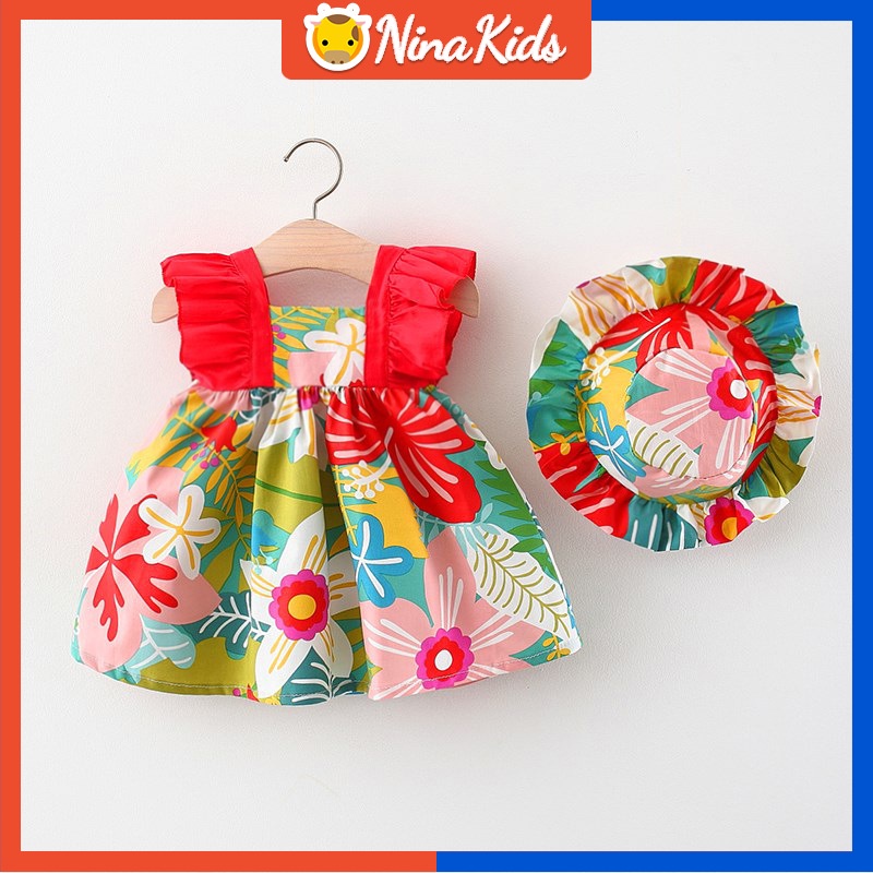Đầm Nina Kids không tay in họa tiết hoa kèm mũ thời trang mùa hè cho bé gái 1-5 tuổi