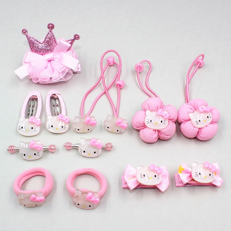 [14 pcs set] Set Dây Buộc Tóc Co Giãn Phối Ren Hoa Màu Hồng Phong Cách Hàn Quốc Cho Bé Gái