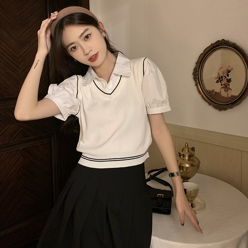 Áo sơ mi croptop XIAOZHAINV tay ngắn cổ bẻ màu sắc tương phản phong cách Hàn Quốc cho nữ