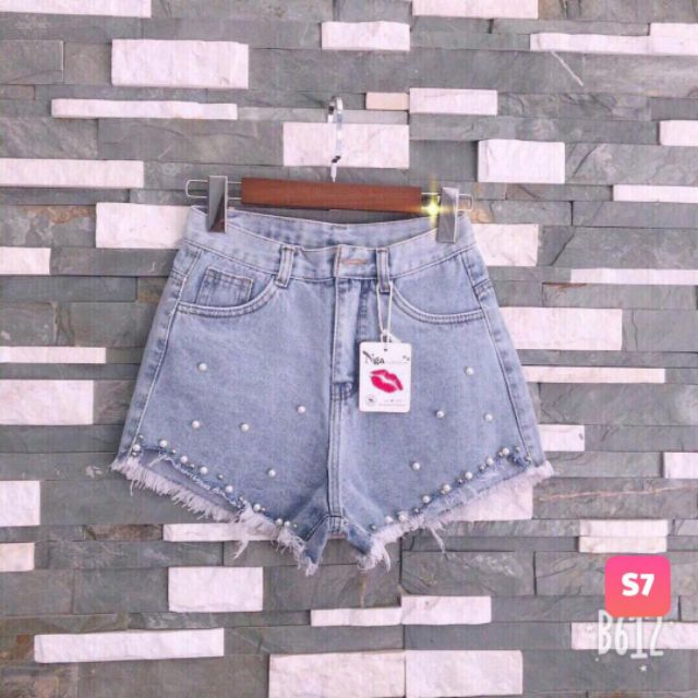 Hàng Mới | Quần Short Jean Nữ Đính Cườm Lưng Cao Hai Màu Xanh - Xám