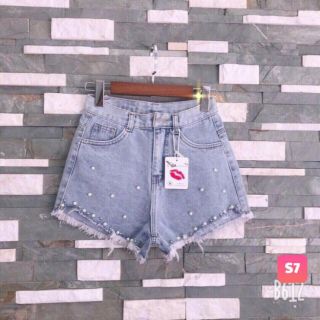 Hàng Mới | Quần Short Jean Nữ Đính Cườm Lưng Cao Hai Màu Xanh - Xám