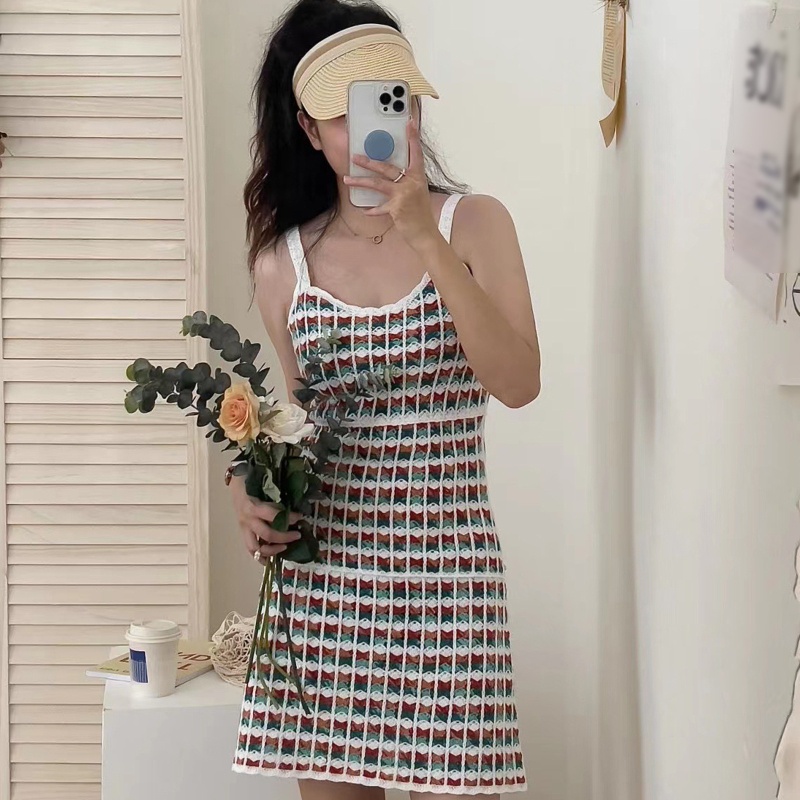 Đầm Chữ A Lưng Cao Không Tay Họa Tiết Kẻ Sọc Nhiều Màu Sắc Dành Cho Nữ